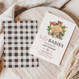 Invitación Hola bebés Rustic Woodland Twin Baby Shower
