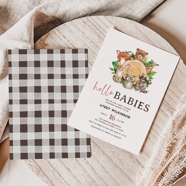 Invitación Hola bebés Rustic Woodland Twin Baby Shower (Subido por el creador)
