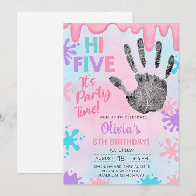 Invitación Hola, cinco, fiesta, slime, chica de cumpleaños. (Anverso / Reverso)