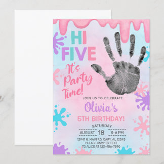 Invitación Hola, cinco, fiesta, slime, chica de cumpleaños.