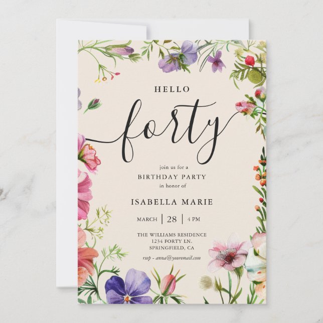 Invitación Hola Cuarenta Bonito Floral 40 Cumpleaños (Anverso)