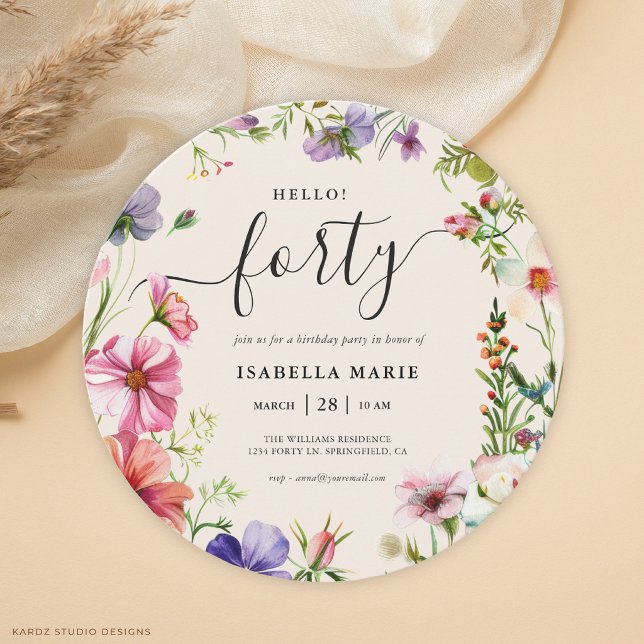Invitación Hola Cuarenta Bonito Floral 40 Cumpleaños (Invitation shown in a round shape, choose size and corner style.)