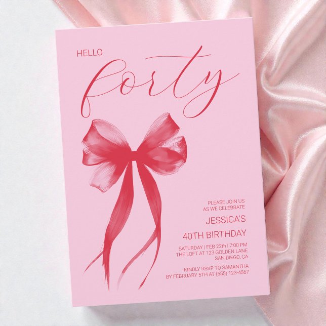 Invitación Hola cuarenta Cumpleaños 40 moderno lazo rosa (Hello Thirty Modern Bow Pink 40th Birthday Party Invitation)