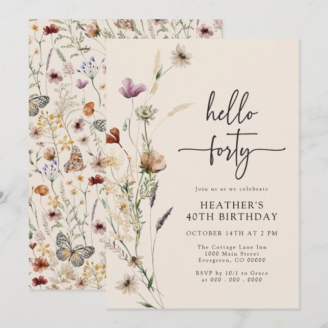 Invitación Hola cuarenta cumpleaños boho (Anverso / Reverso)