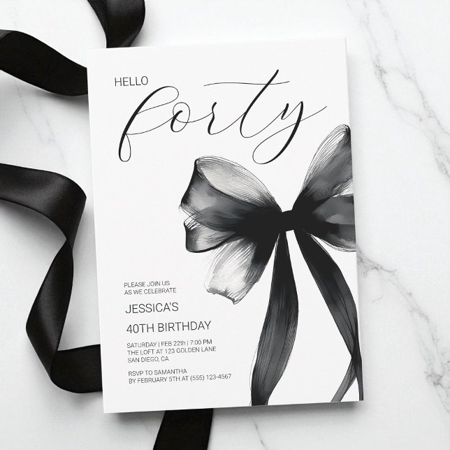 Invitación Hola Cuarenta Cumpleaños Fiesta Cumpleaños 40 con  (Hello Forty Elegant Script Bow 40th Birthday Party Invitation)