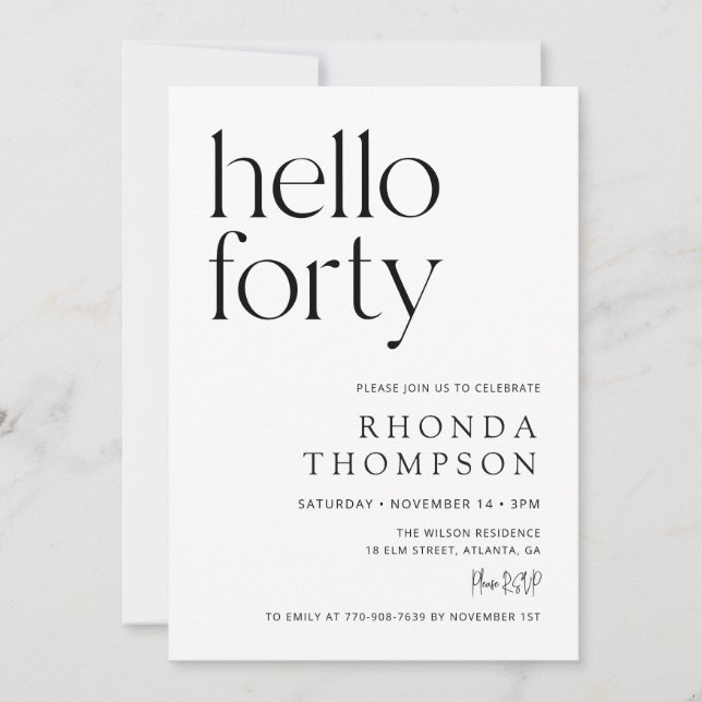 Invitación Hola Cuarenta Cumpleaños Simple 40 (Anverso)