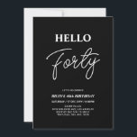 Invitación Hola Cuarenta | Moderno negro 40 Fiesta de cumplea<br><div class="desc">Invite a sus huéspedes con esta elegante invitación de cumpleaños número 40. Este diseño presenta un guión moderno "Hello Forty" en color blanco y negro. Se puede personalizar todo el texto. En mi tienda BaraBomDesign hay disponibles artículos de fiesta coincidentes.</div>