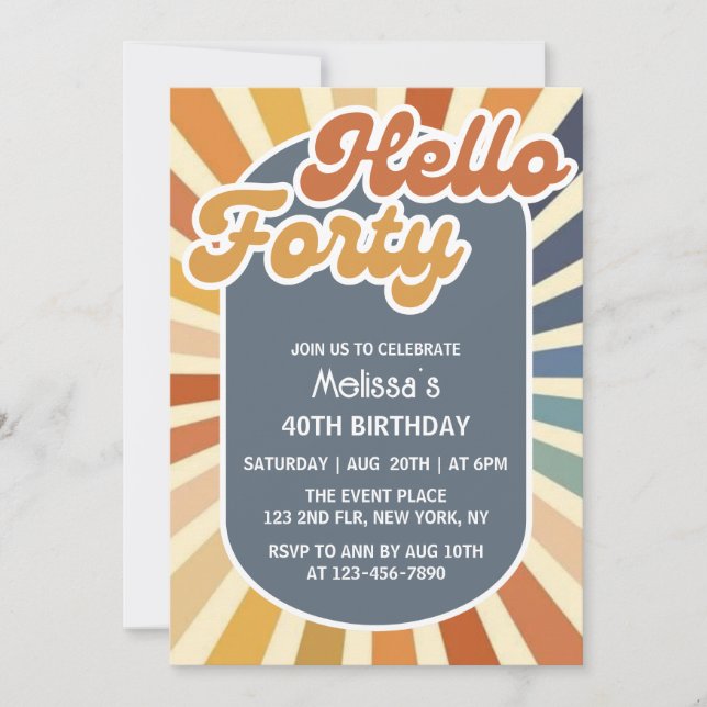 Invitación Hola Cuarenta Retro Sun Groovy Wave Cumpleaños (Anverso)