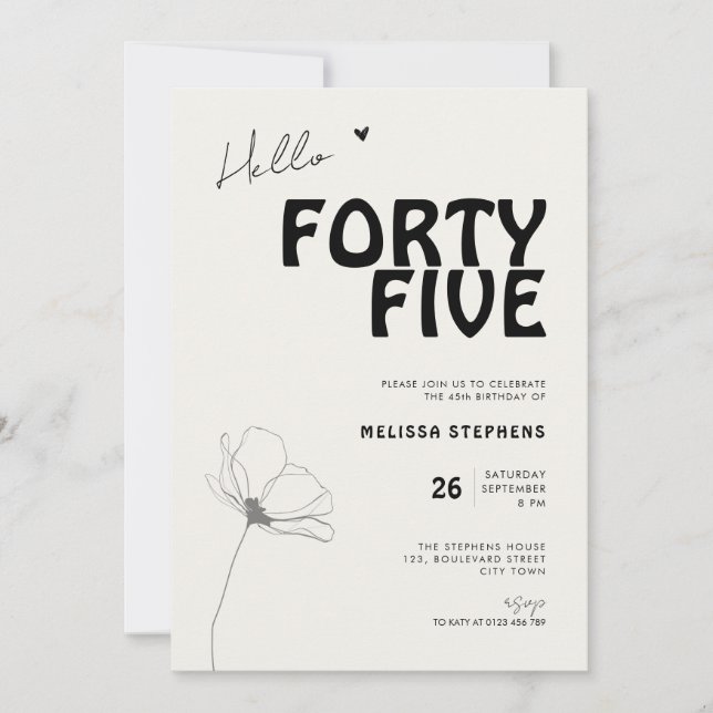 Invitación Hola Cuarenta y Cinco Tipografía Negrita Cumpleaño (Anverso)