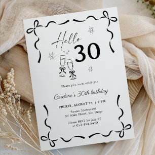 Invitación Hola Cumpleaños 30 Elegante Lazo Negro Blanco
