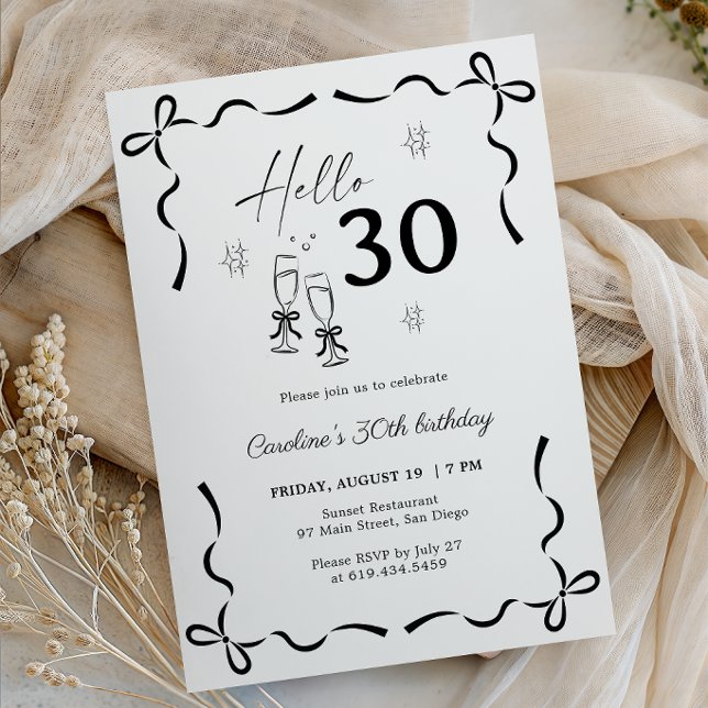 Invitación Hola Cumpleaños 30 Elegante Lazo Negro Blanco (Subido por el creador)