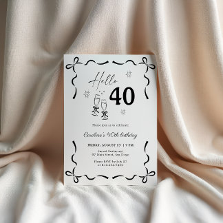 Invitación Hola Cumpleaños 40 Elegante Lazo Negro Blanco