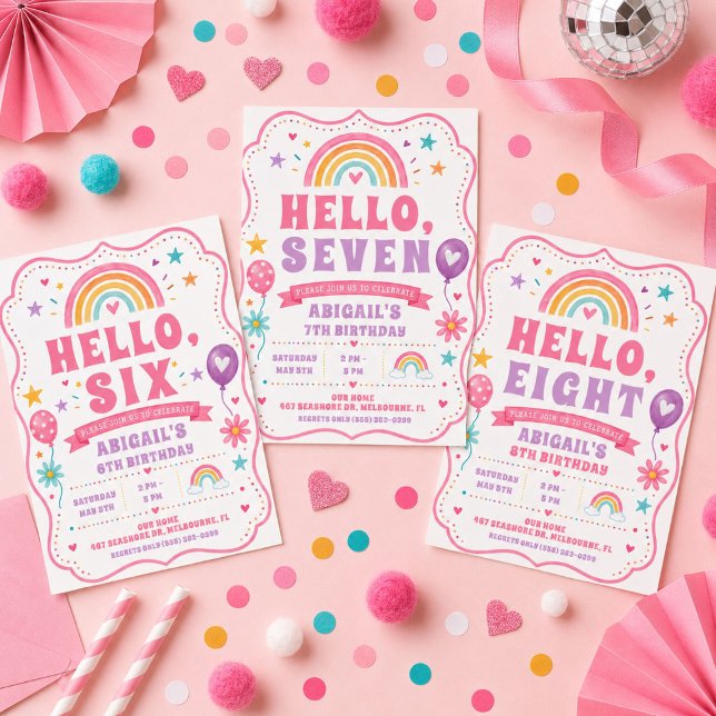 Invitación Hola Cumpleaños 7 de Siete Niña Arcoíris (Hello Seven Rainbow Girl's 7th Birthday Invitation)
