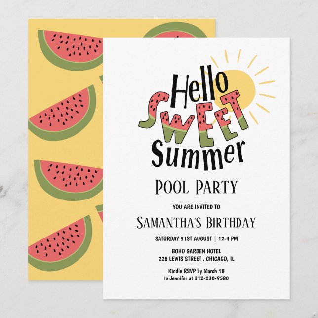 Invitación Hola Cumpleaños Fiesta de Piscina Dulce Sandía de  (Anverso / Reverso)
