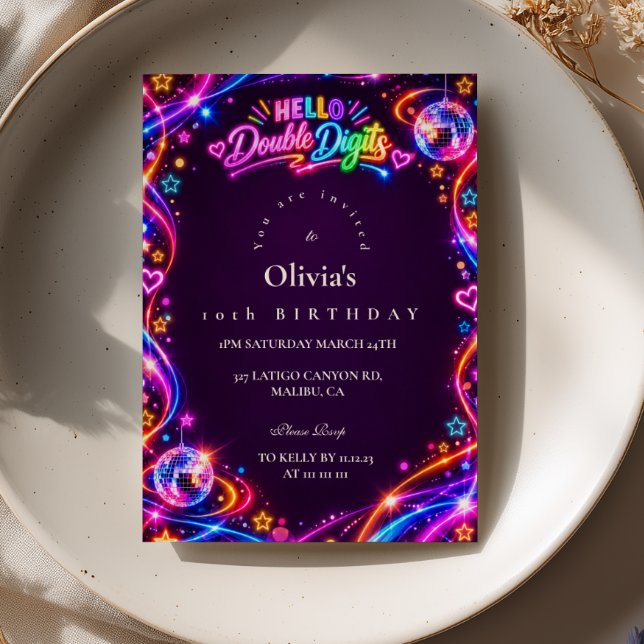 Invitación Hola Cumpleaños Neon Doble Dígito (Subido por el creador)