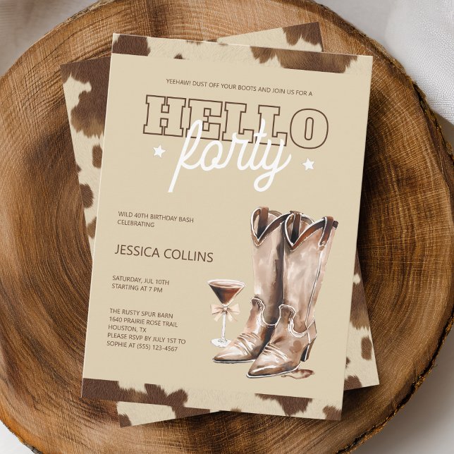 Invitación Hola Cumpleaños Número 40 Rústico del Oeste Número (Hello Forty Rustic Western 40th Birthday Party Invitation)