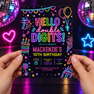 Invitación Hola Doble Dígitos: Neon Glow 10º Cumpleaños