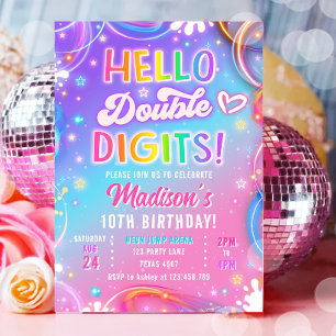 Invitación Hola Dobles Dígitos Neon Glow Chica Cumpleaños 10