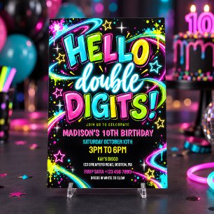 Invitación Hola Dobles Dígitos Neon Glow Cumpleaños 10