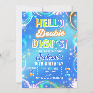 Invitación Hola Dobles Dígitos Neon Glow Niño Cumpleaños 10