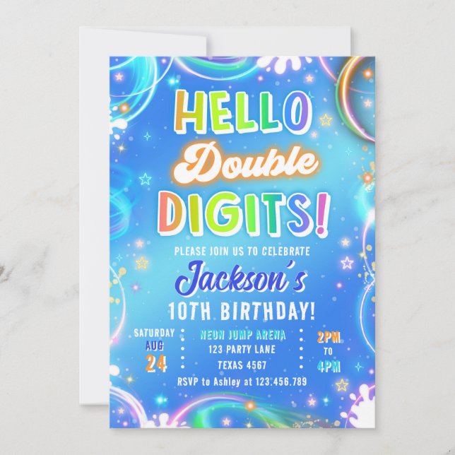 Invitación Hola Dobles Dígitos Neon Glow Niño Cumpleaños 10 (Anverso)