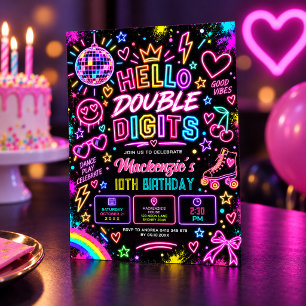 Invitación Hola Dobles Dígitos: Resplandor Retro Neon Cumplea