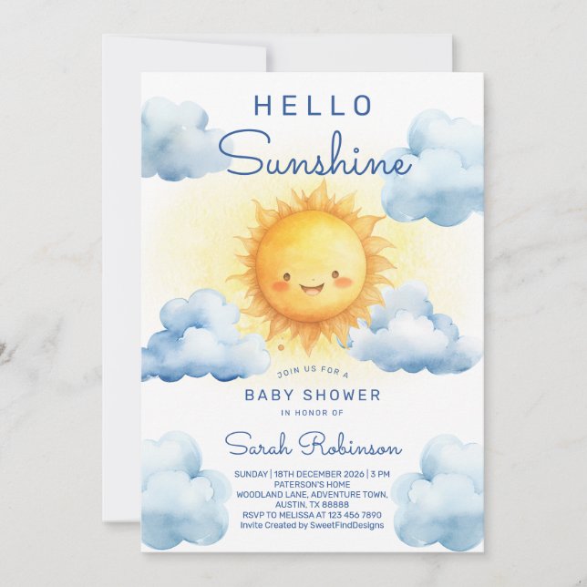 Invitación Hola Ducha de Bebé Hello Sunshine (Anverso)