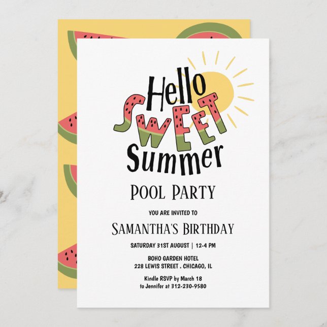 Invitación Hola dulce verano sandía piscina Fiesta Bday (Anverso / Reverso)