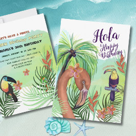 Invitación Hola Feliz Cumpleaños - Flamingo Tropical Toucan
