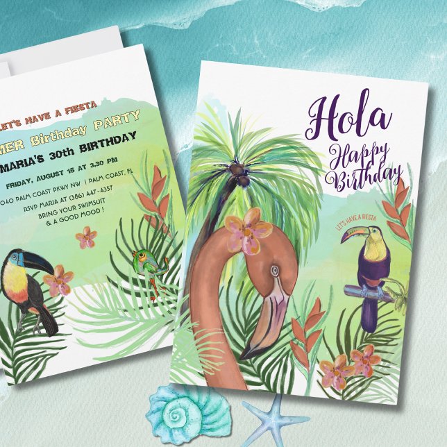 Invitación Hola Feliz Cumpleaños - Flamingo Tropical Toucan (Hola Happy Birthday -Tropical Flamingo Toucan Invitation)