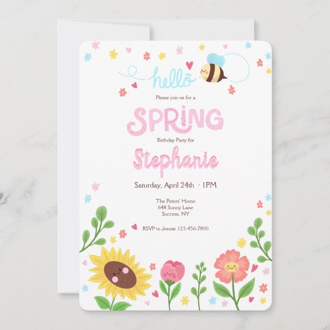 Invitación Hola fiesta de cumpleaños de primavera (Anverso)