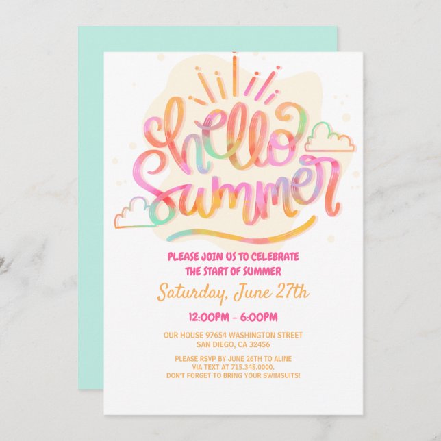 Invitación Hola fiesta de verano, último día de escuela, fies (Anverso / Reverso)