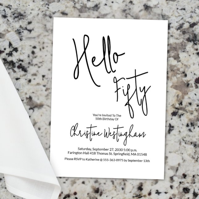 Invitación Hola Fifty Black White Script Cumpleaños 50 (Subido por el creador)