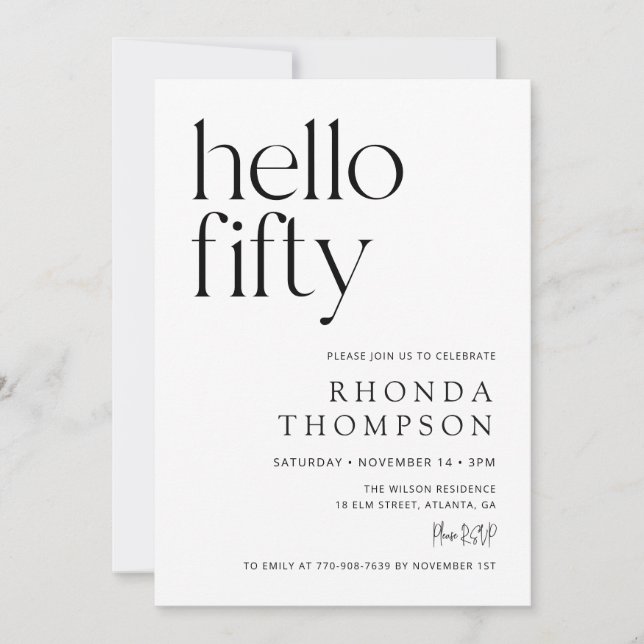 Invitación Hola Fifty Cumpleaños Simple 50 (Anverso)
