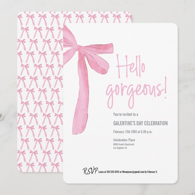 Invitación Hola Galentine's Day Hermoso Lazo de Listón Rosa (Anverso / Reverso)