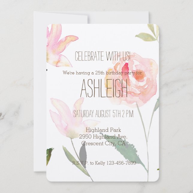 Invitación Hola Hermosa acuarela cumpleaños Floral (Anverso)