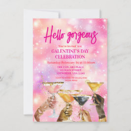 Invitación Hola Hermosa Galentine's Day Brillo Rosa