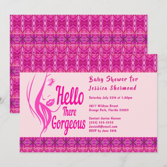 Invitación Hola, Lady Face Baby Shower Patrón rosa (Anverso / Reverso)