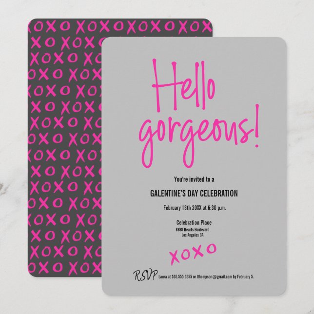 Invitación Hola magnífico día de Galentine xoxo gris rosa (Anverso / Reverso)