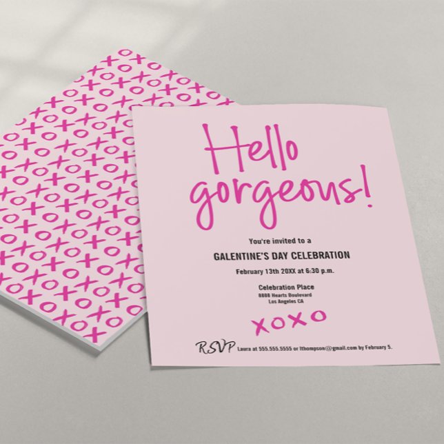 Invitación Hola magnífico personalizado rosa xoxo del Día de  (Hello Gorgeous! XOXO Galentine's day party invitation in pink and hot pink. Customizable fields.)