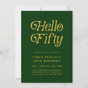 Invitación Hola Moderno Retro verde y oro 50 cumpleaños