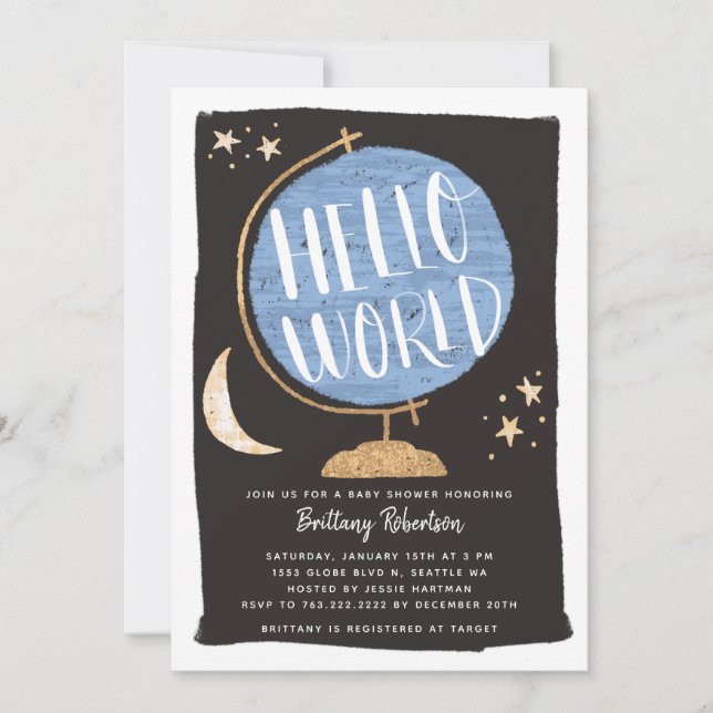 Invitación Hola Mundo Baby Shower Blue Globe (Anverso)