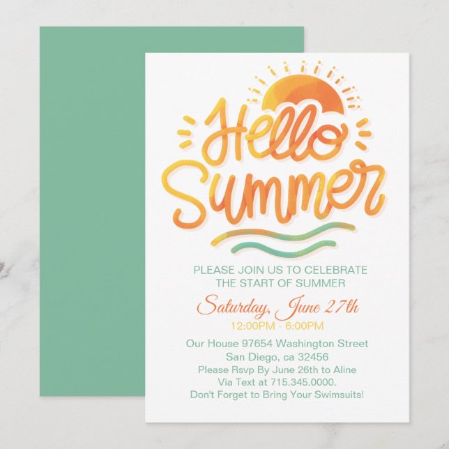 Invitación Hola Naranja verano Fiesta de piscina (Anverso / Reverso)