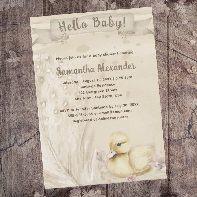 Invitación Hola, nena. (Hello Baby boho baby duck baby shower invitation. Baby duck on wildflowers. Watercolor boho feather.)