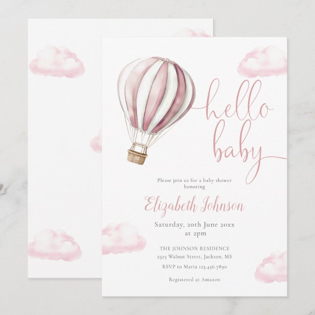 Invitación Hola Niña Bebé Globo Aerostático Rosa Baby Shower (Anverso / Reverso)