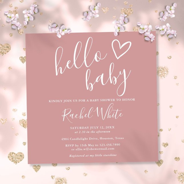 Invitación Hola Niña de Cumpleaños de Bebé Rosa Polvoriento C (Hello Baby Shower Girl Dusty Rose Pink Cute Heart Invitation)