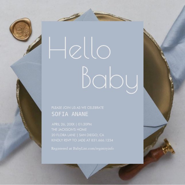 Invitación Hola niño de la tipografía azul mínima limpia para (Subido por el creador)