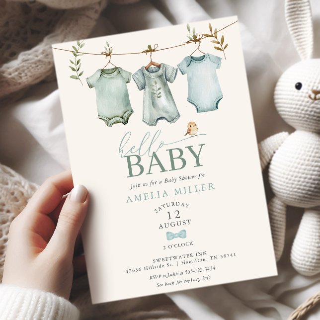 Invitación Hola Niño Ropa de Bebé Línea Boho Baby Shower (Hello Baby Boy Clothesline Boho Baby Shower Invitation)