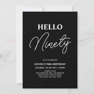 Invitación Hola Noventa   Blanco sobre negro 90º cumpleaños