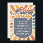 Invitación Hola Noventa Retro Sun Groovy Wave 90 cumpleaños<br><div class="desc">Celebre con estilo con nuestra invitación a los 90 años de la ola 90ª del domingo de verano retro Groovy! Prepárate para rodar en tu celebración de un hito con este diseño vibrante y divertido. Con una ola de groovy y un toque de colores llamativos, esta invitación es perfecta para...</div>